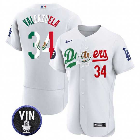 Men%27s Los Angeles Dodgers #34 Fernando Valenzuela White Mexico Special Vin Scully Patch Flex Base Stitched Jersey Dzhi